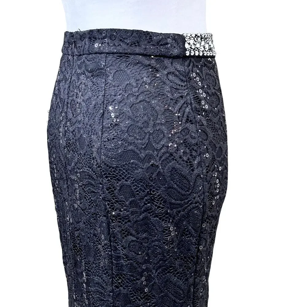 Vtg 90s Bling Goth Dark Fairy Black Sexy Sequin Mermaid Maxi Skirt Stretch 6 - Picture 6 of 9